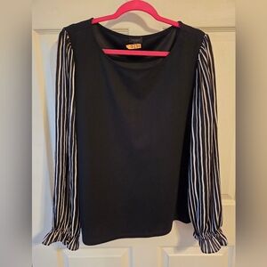 Ann Taylor Black Top with Black & White Striped Long Sleeves